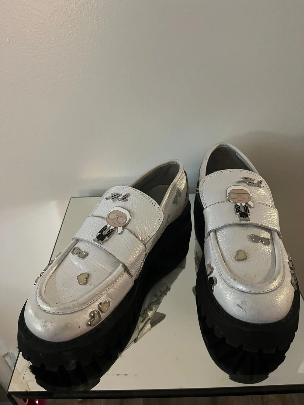 Karl Lagerfeld Silver Metallic Platform Loafers with Character Charm